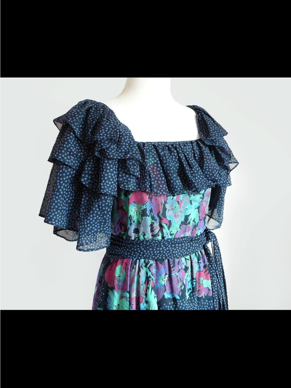 Albert Nipon Navy Floral Ruffle Midi Dress